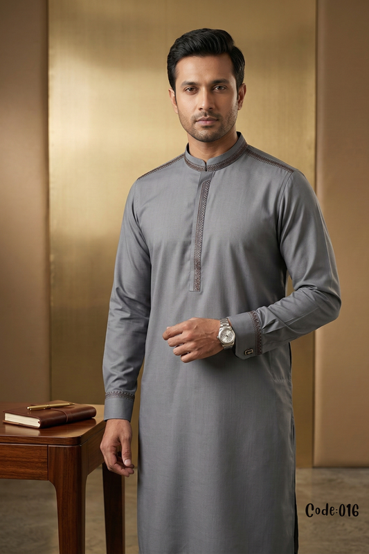 Men's Slate Gray Premium Panjabi with Shoulder & Cuff Embroidery – Code 016