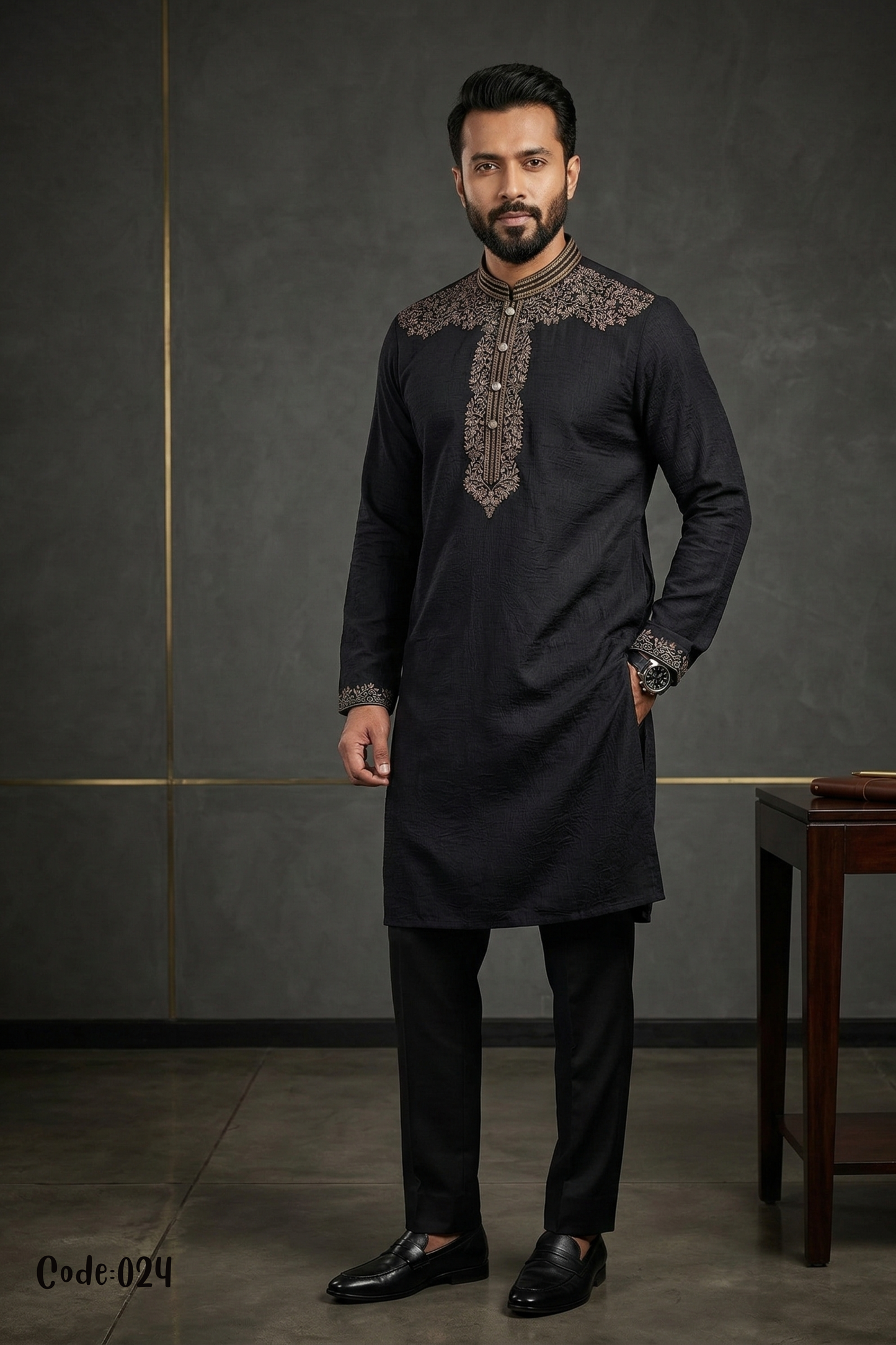 Men's Midnight Black Textured Panjabi with Intricate Chest Embroidery – Code 024