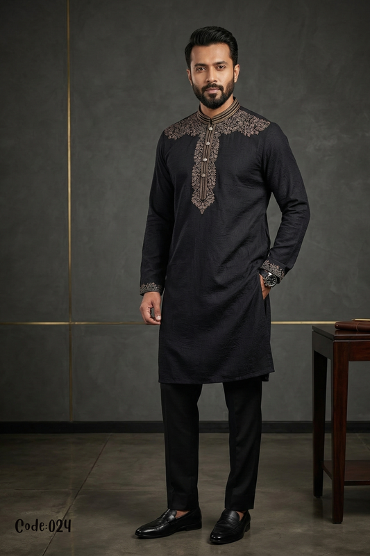 Men's Midnight Black Textured Panjabi with Intricate Chest Embroidery – Code 024