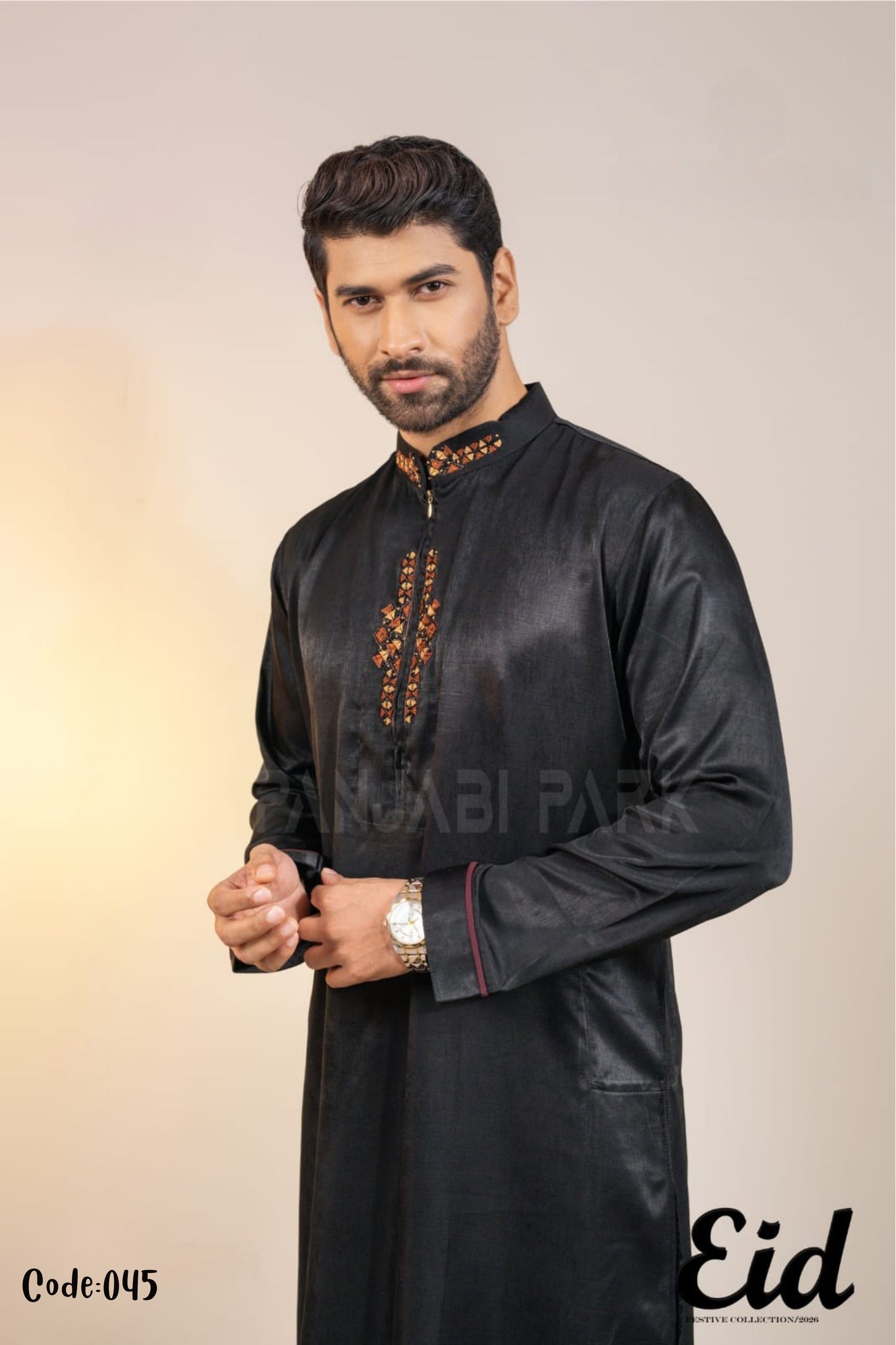 Midnight Noir Premium Silk-Finish Panjabi with Copper Geometric Embroidery – with premium BOX