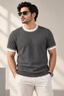 Contrast Ribbed Knit Tee – Charcoal Grey