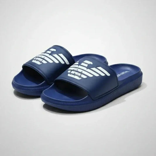 Blue slides with white logo on a light gray background