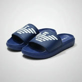 Blue slides with white logo on a light gray background