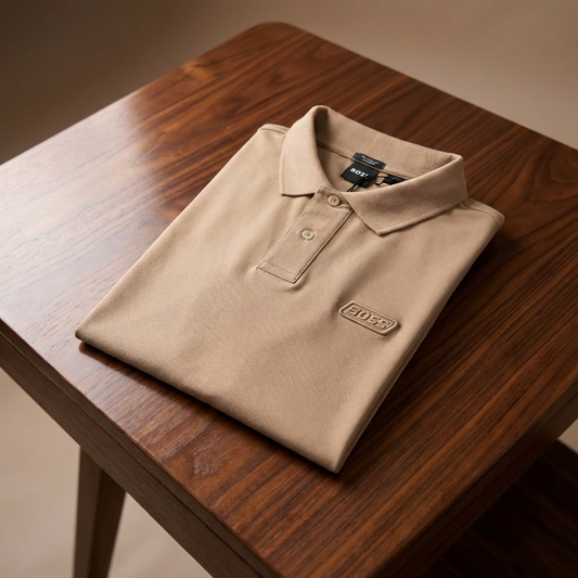 Folded beige polo shirt with a brand logo on a wooden table