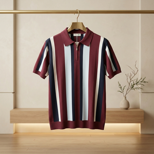 Premium Imported Men's Vertical Striped Quarter-Zip Knit Polo Shirt