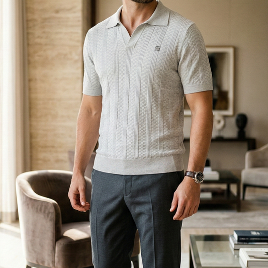 Universes Textured Knit V-Neck Polo – Forest Green, Earth Brown & Stone Grey