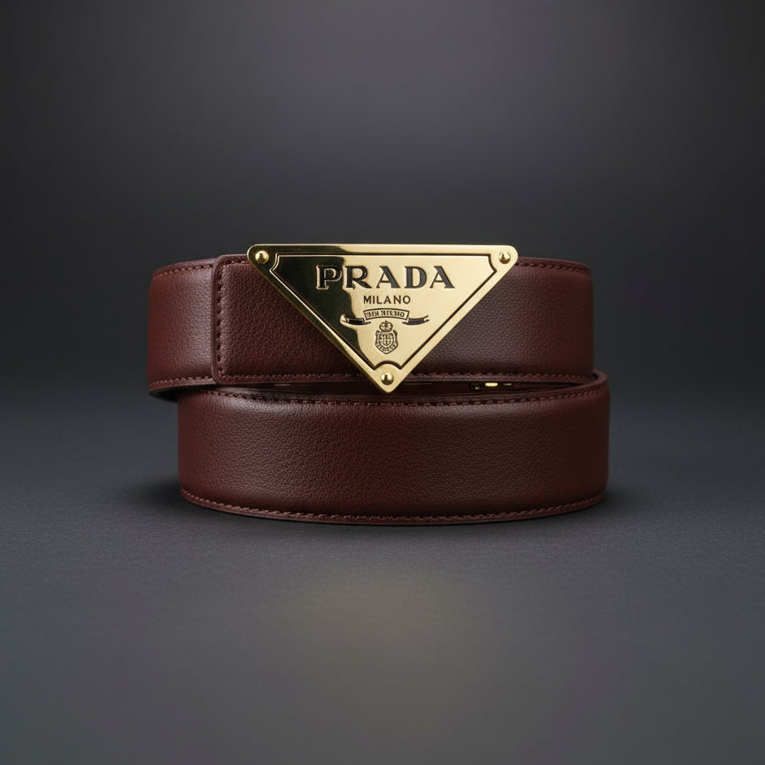 Brown leather belt with gold Prada buckle on a dark gray background