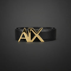 Black belt with gold Armani Exchange logo on a black background