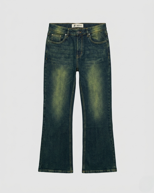 One Man Bootcut Jeans Embroidered Pocket Dark Blue Denim Men's