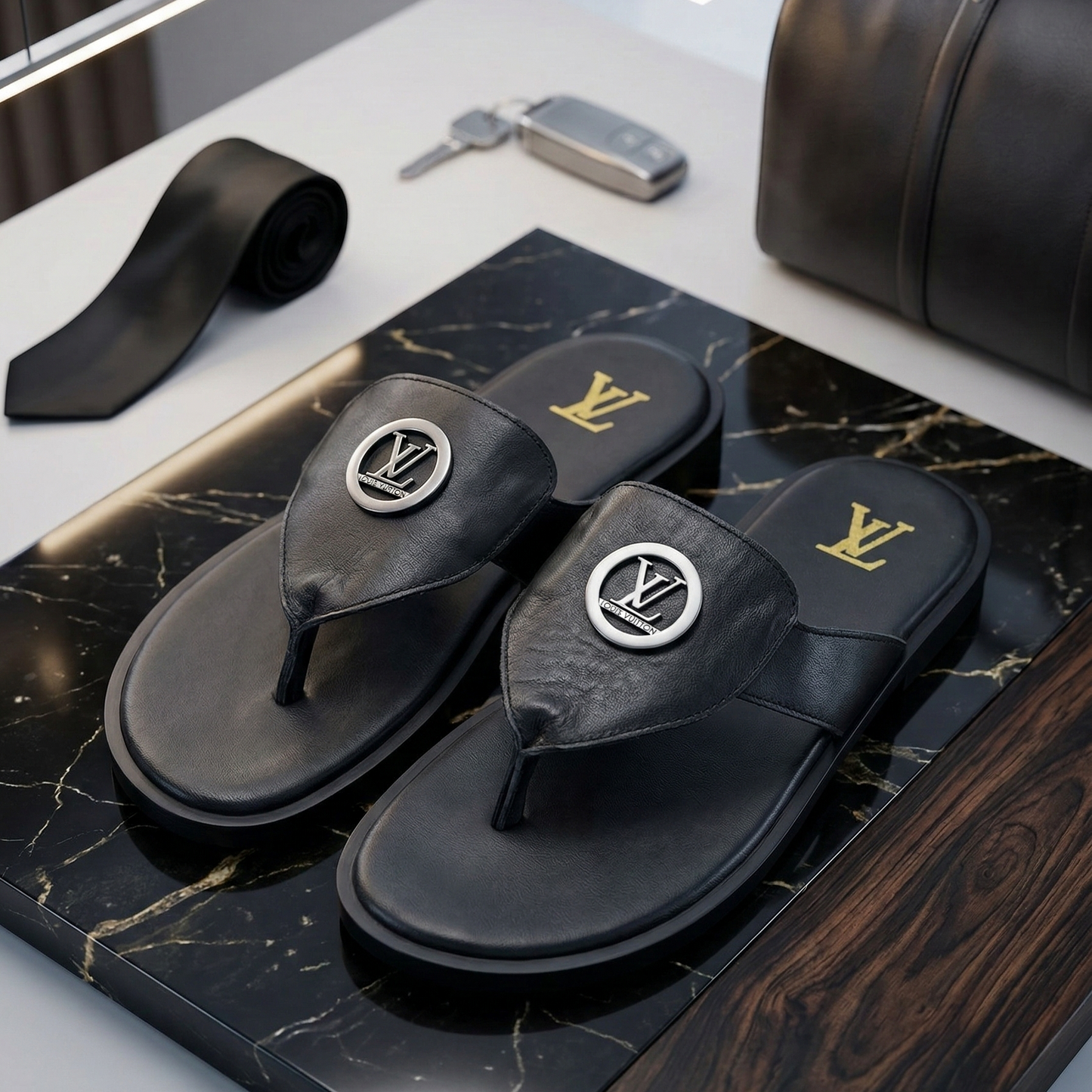 Black sandals with brand logo on a marble surface, with a handbag and keys in the background.