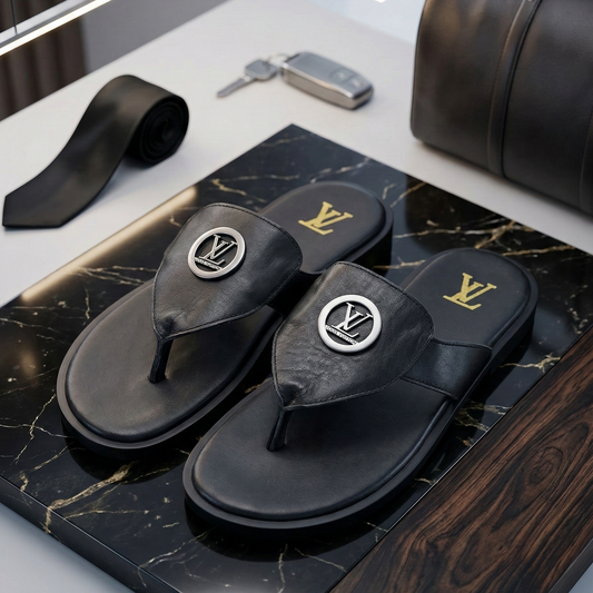 Black sandals with brand logo on a marble surface, with a handbag and keys in the background.