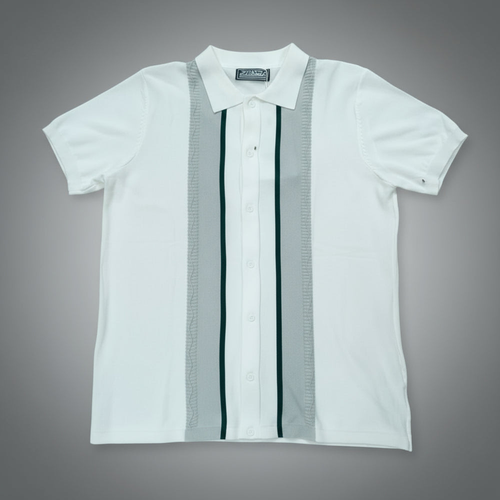 White shirt with black and gray striped accents on a gray background