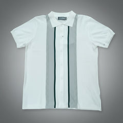 White shirt with black and gray striped accents on a gray background