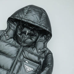 Prada Triangle Logo Down Puffer Jacket - Gloss Black