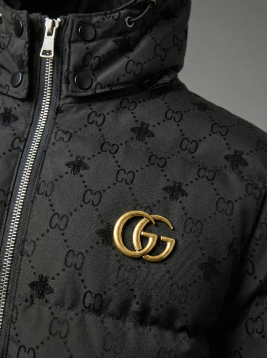 Men’s Black Geometric Bee Print Quilted Puffer Jacket - Hooded Winter Coat