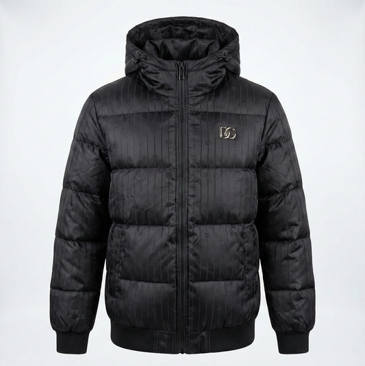 Men's Premium Black Puffer Jacket – Pinstripe Hooded Winter Coat with Metallic Logo