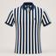 A short-sleeve polo shirt with vertical navy blue and white stripes, featuring a navy collar, a half-zip front, and the signature embroidered polo player logo on the left chest.