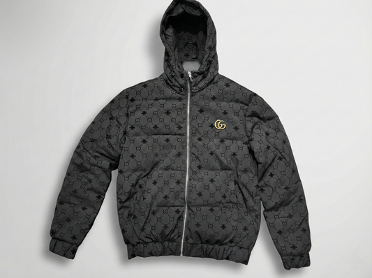 Men’s Black Geometric Bee Print Quilted Puffer Jacket - Hooded Winter Coat