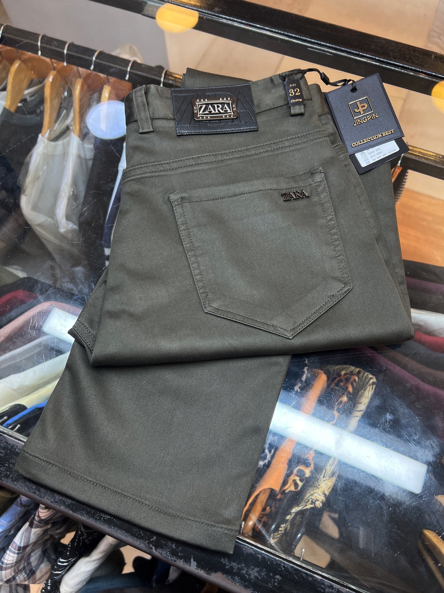 ZARA Men's Slim Fit Chino Trousers – Premium Olive Green Cotton Twill Pants