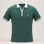A short-sleeve polo shirt with a green and white dotted vertical stripe pattern, featuring a white collar, white placket, and white sleeve trim, with a small embroidered polo player logo on the chest.