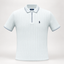 A light blue ribbed short-sleeve polo shirt with a half-zip collar, featuring a small navy embroidered Polo pony logo on the left chest and matching navy piping details.