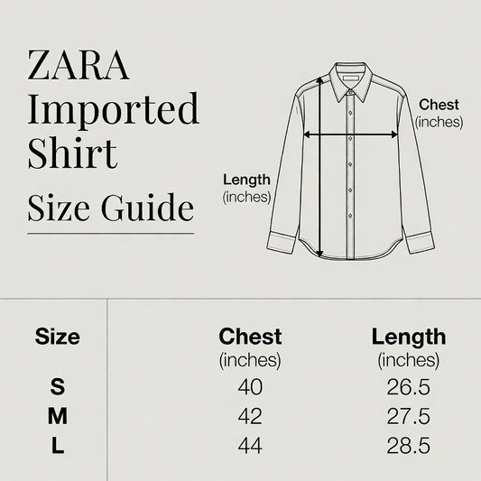 ZARA shirt size guide with measurements on a light gray background
