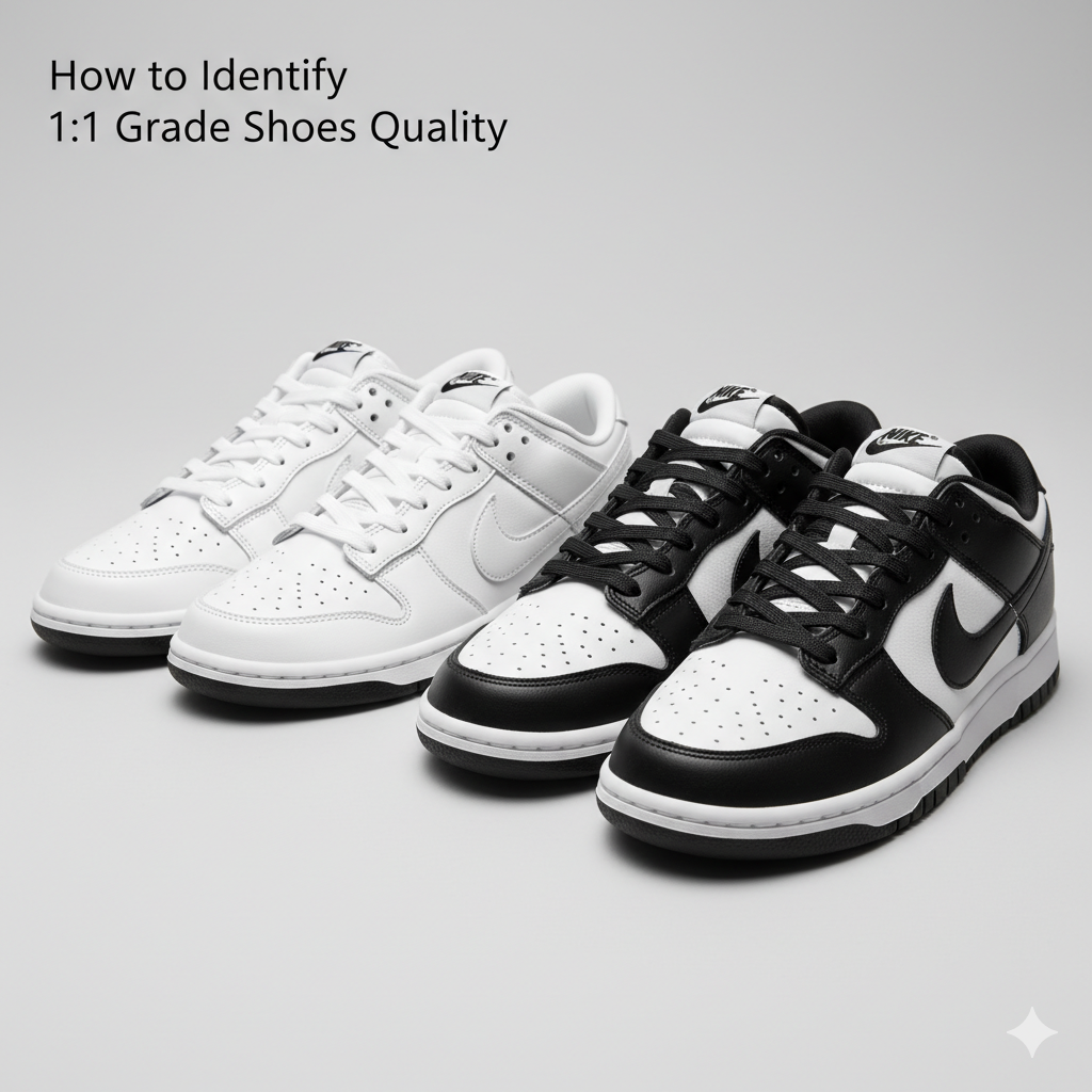 Close-up of premium 1:1 grade sneakers showing perfect stitching and high-quality material