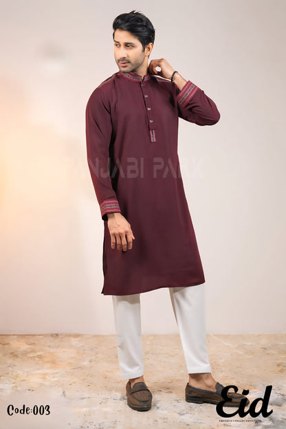 Deep Wine Premium Cotton Panjabi with Intricate Embroidery – with premium BOX
