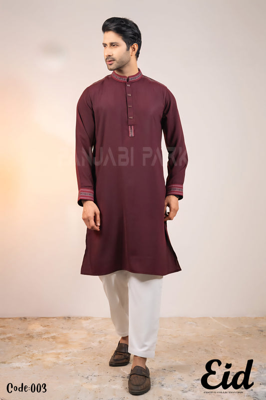 Deep Wine Premium Cotton Panjabi with Intricate Embroidery – with premium BOX