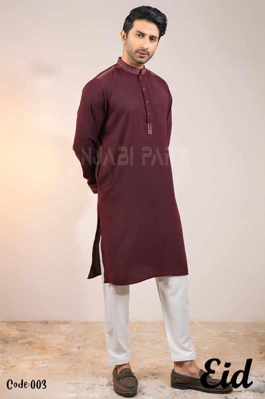 Deep Wine Premium Cotton Panjabi with Intricate Embroidery – with premium BOX