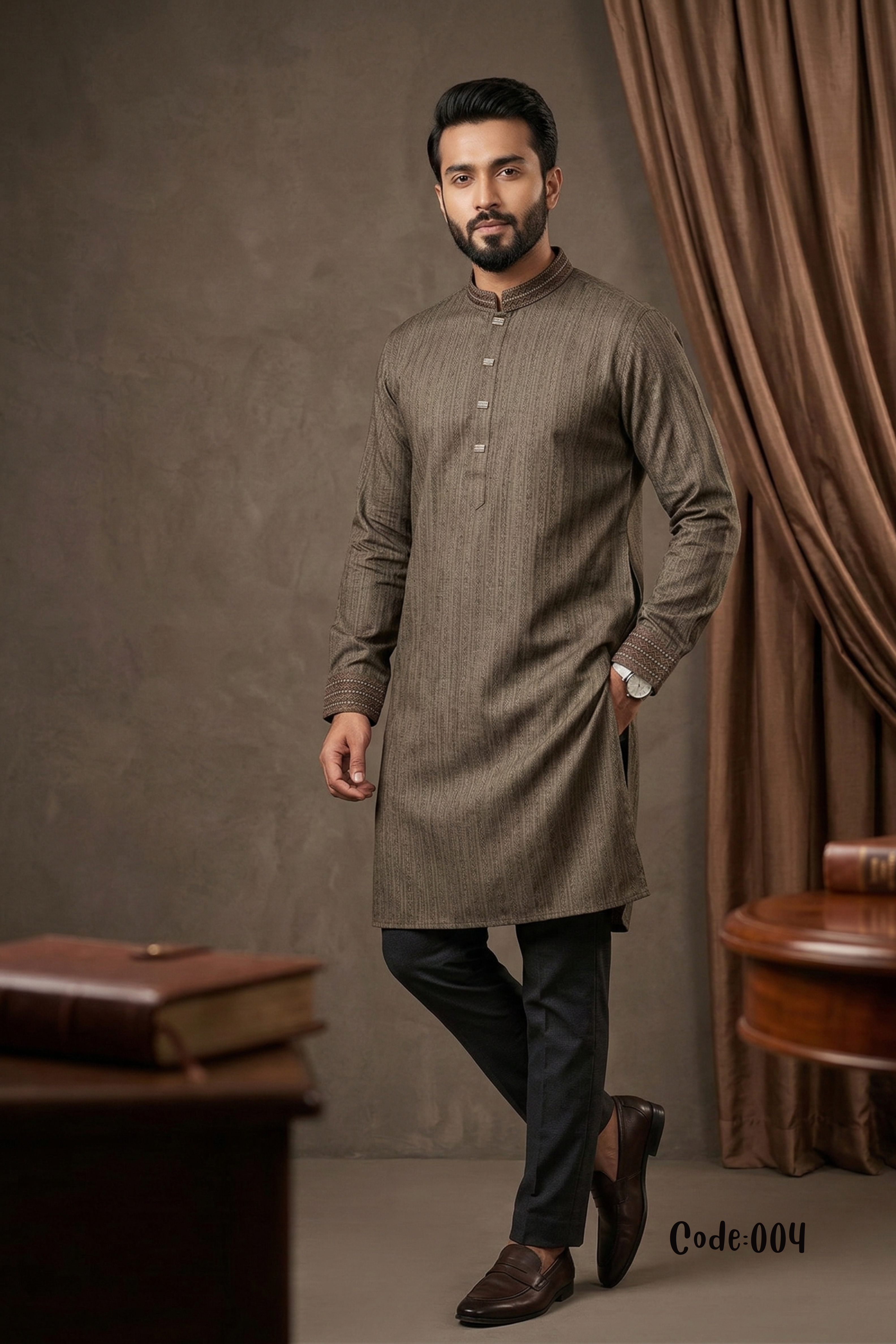 Men's Earthy Brown Textured Panjabi with Embroidered Collar – Code 004 Main image