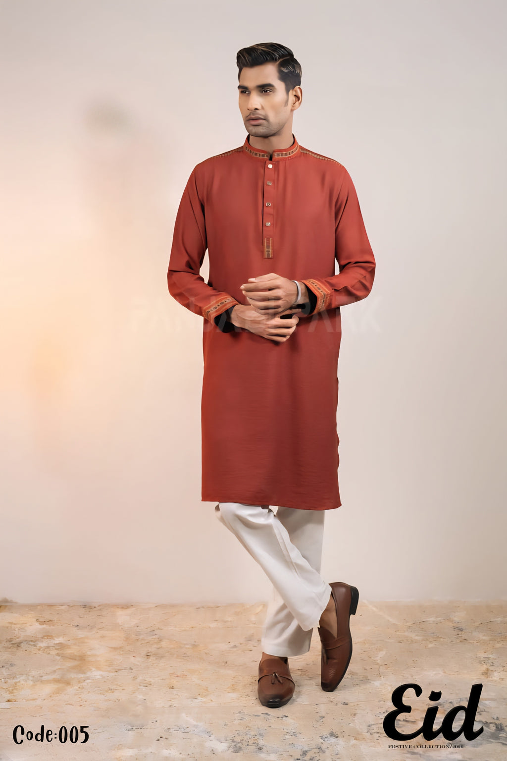 Terracotta Premium Cotton Panjabi with Geometric Embroidery –with premium BOX