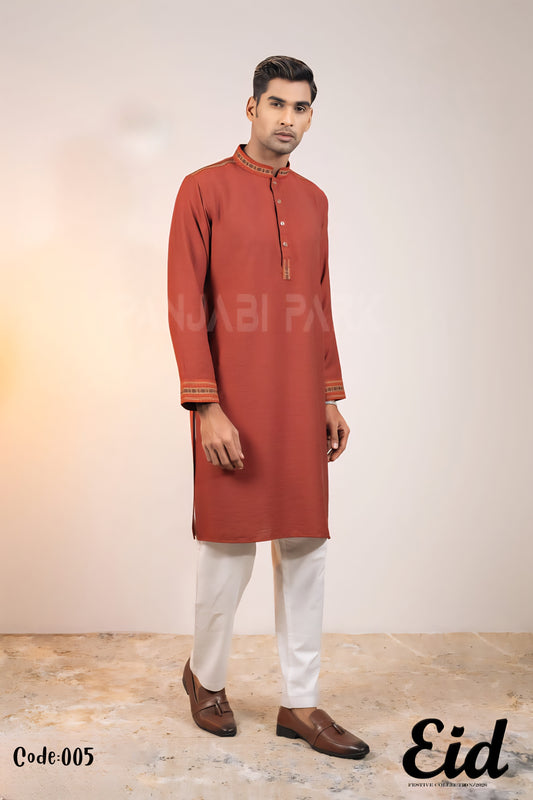 Terracotta Premium Cotton Panjabi with Geometric Embroidery –with premium BOX