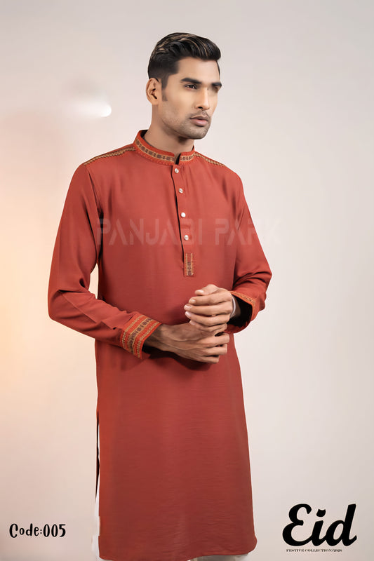 Terracotta Premium Cotton Panjabi with Geometric Embroidery –with premium BOX
