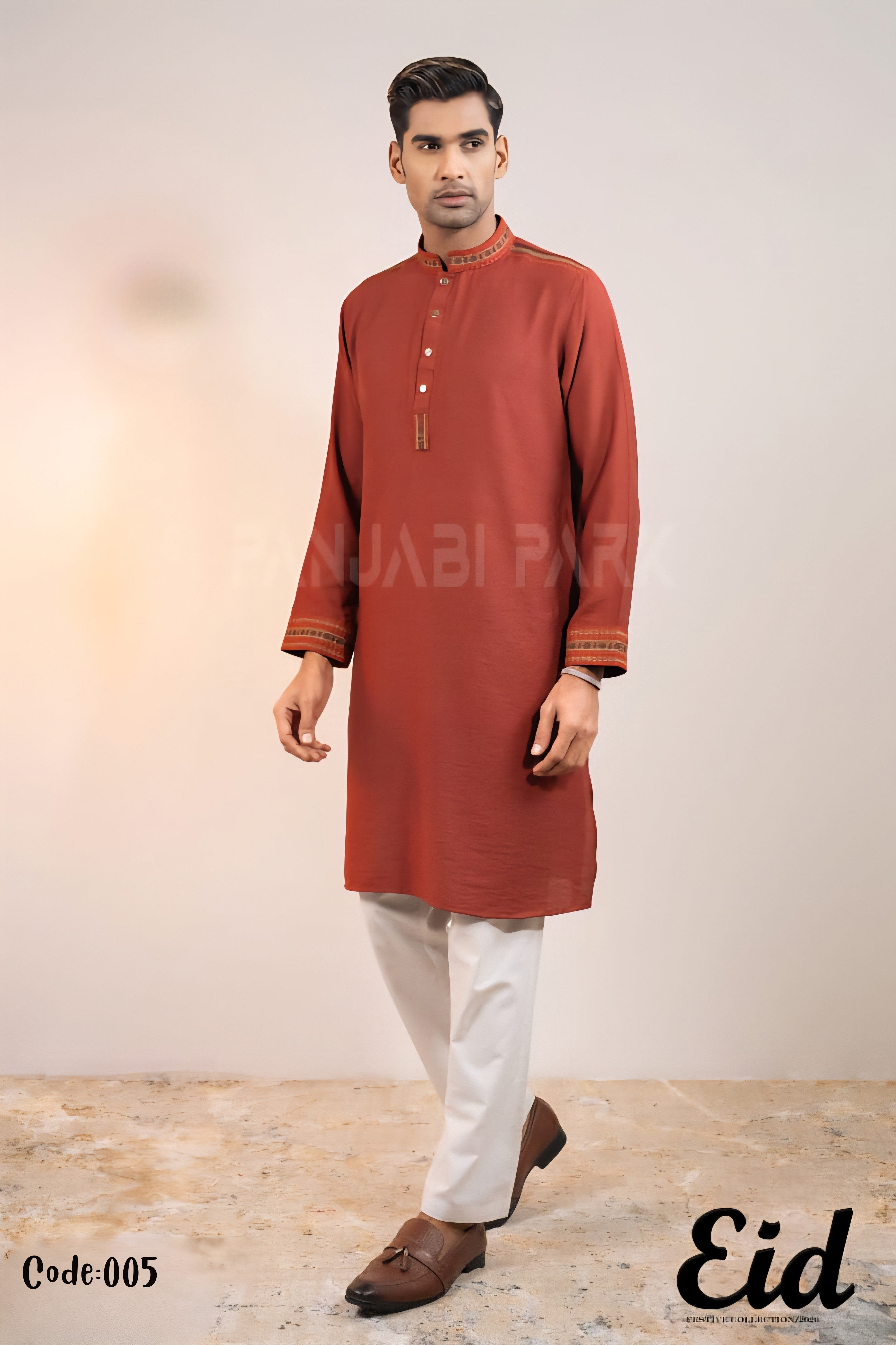 Terracotta Premium Cotton Panjabi with Geometric Embroidery –with premium BOX