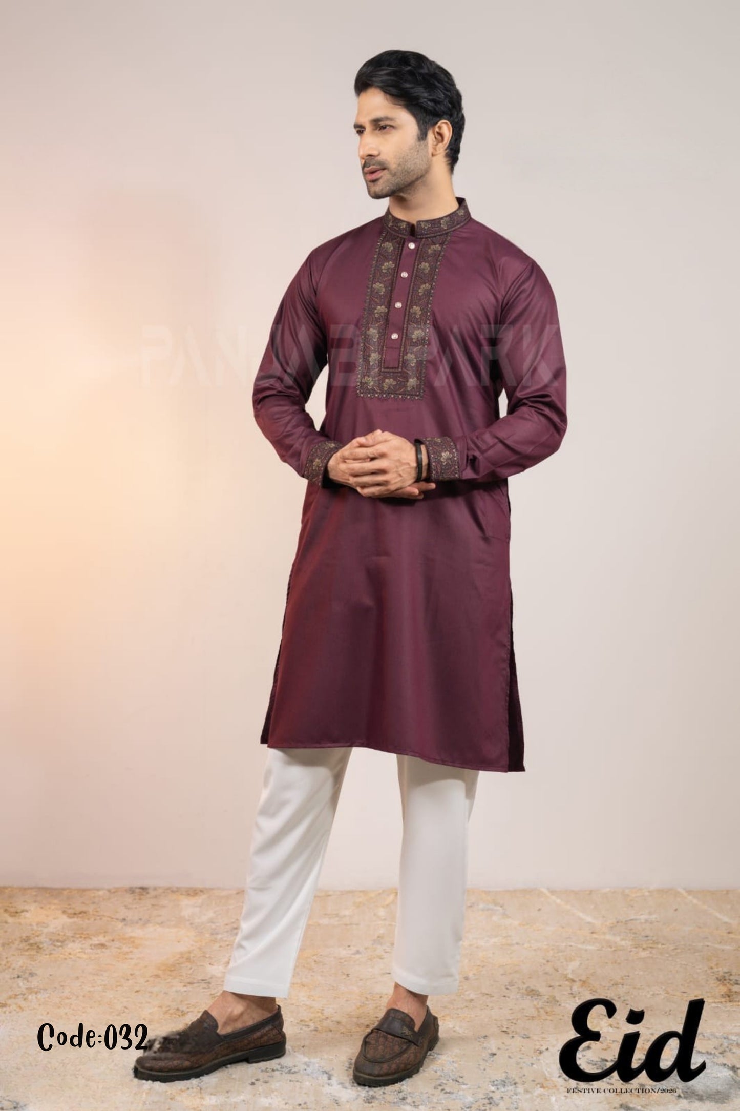 Terracotta Premium Cotton Panjabi with Geometric Embroidery – with premium BOX