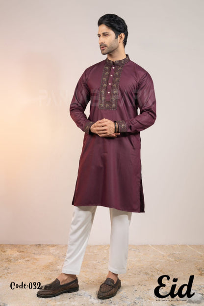 Terracotta Premium Cotton Panjabi with Geometric Embroidery – with premium BOX