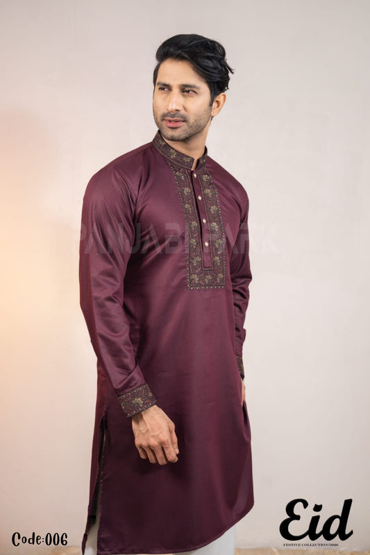 Terracotta Premium Cotton Panjabi with Geometric Embroidery – with premium BOX