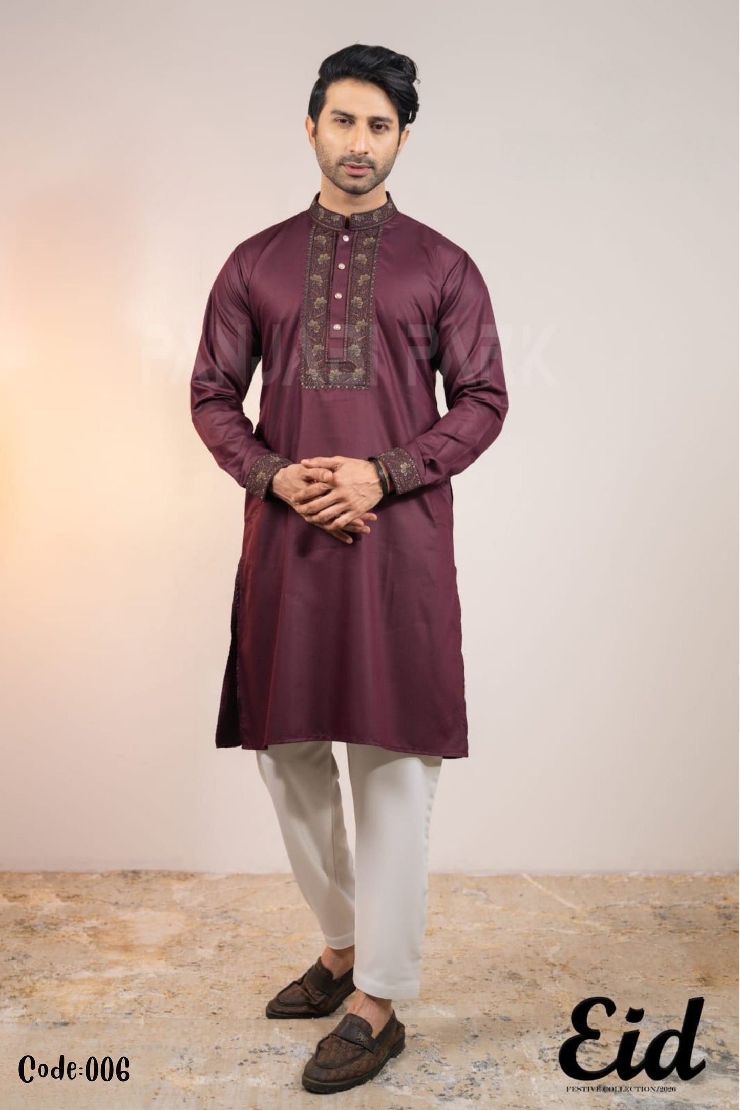 Terracotta Premium Cotton Panjabi with Geometric Embroidery – with premium BOX