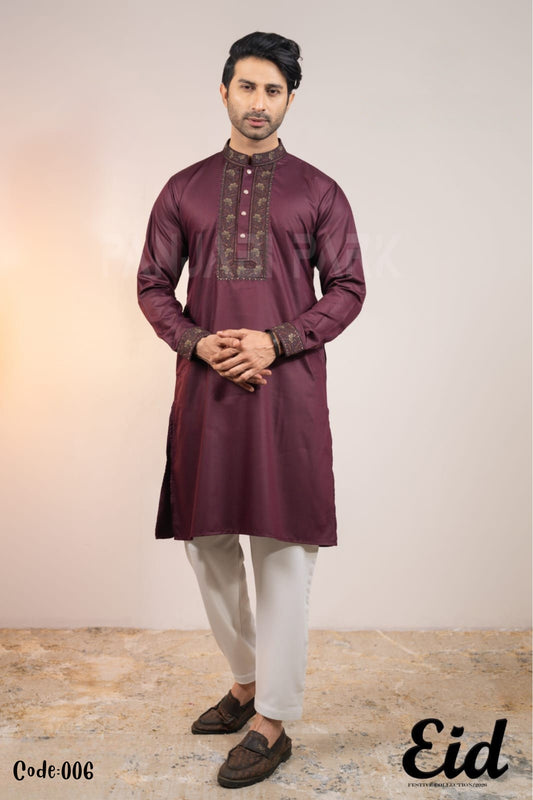 Terracotta Premium Cotton Panjabi with Geometric Embroidery – with premium BOX