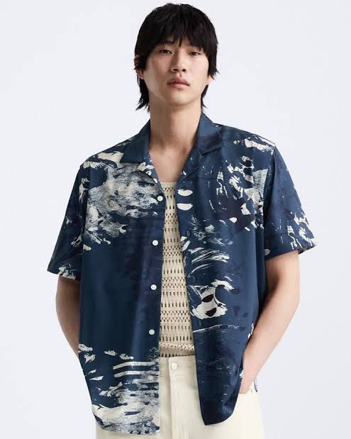 Zara Men’s Navy Abstract Print Shirt – Premium Relaxed Fit Camp Collar Short Sleeve