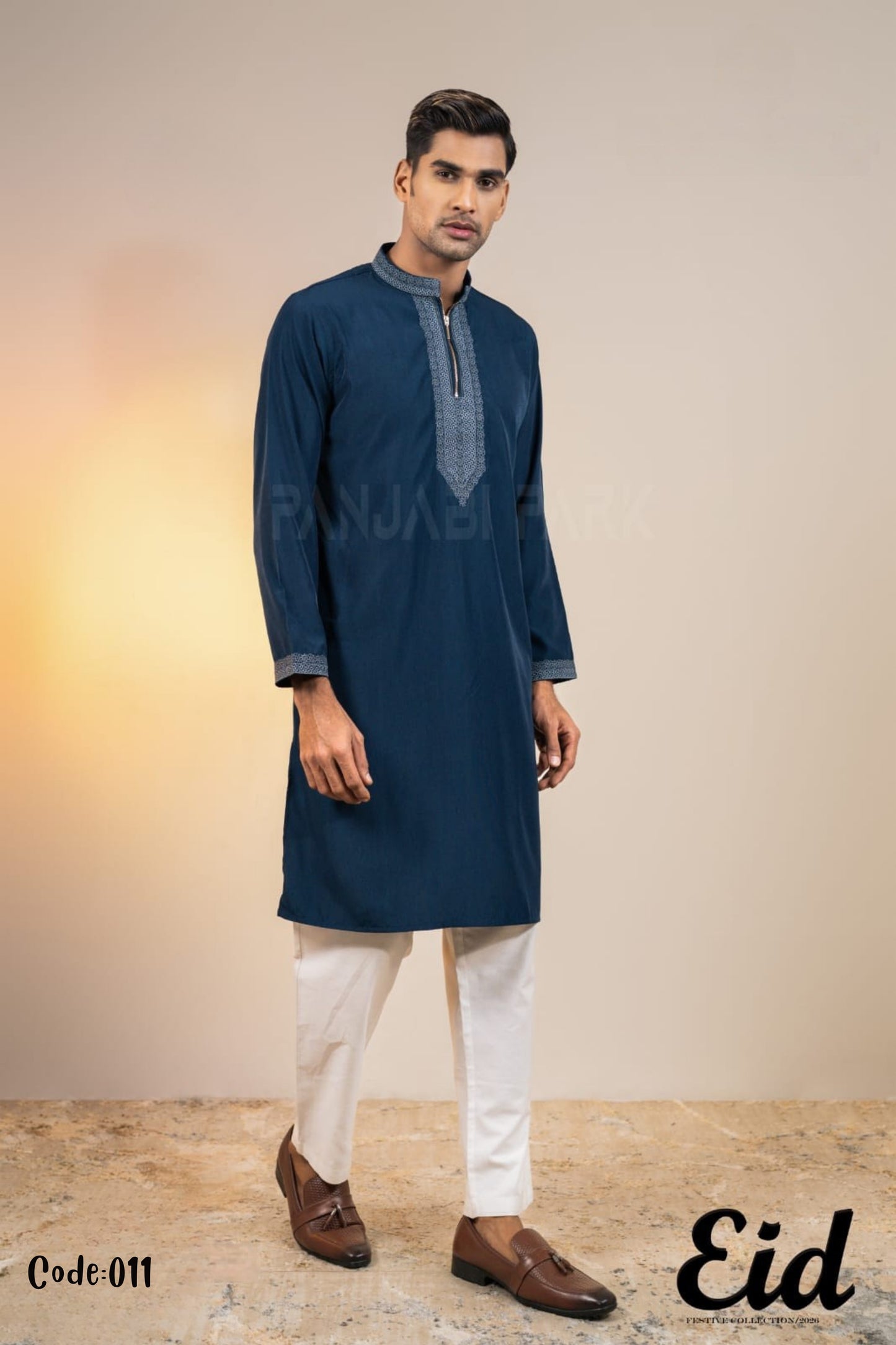 Deep Teal Contemporary Zip-Neck Panjabi – with premium BOX