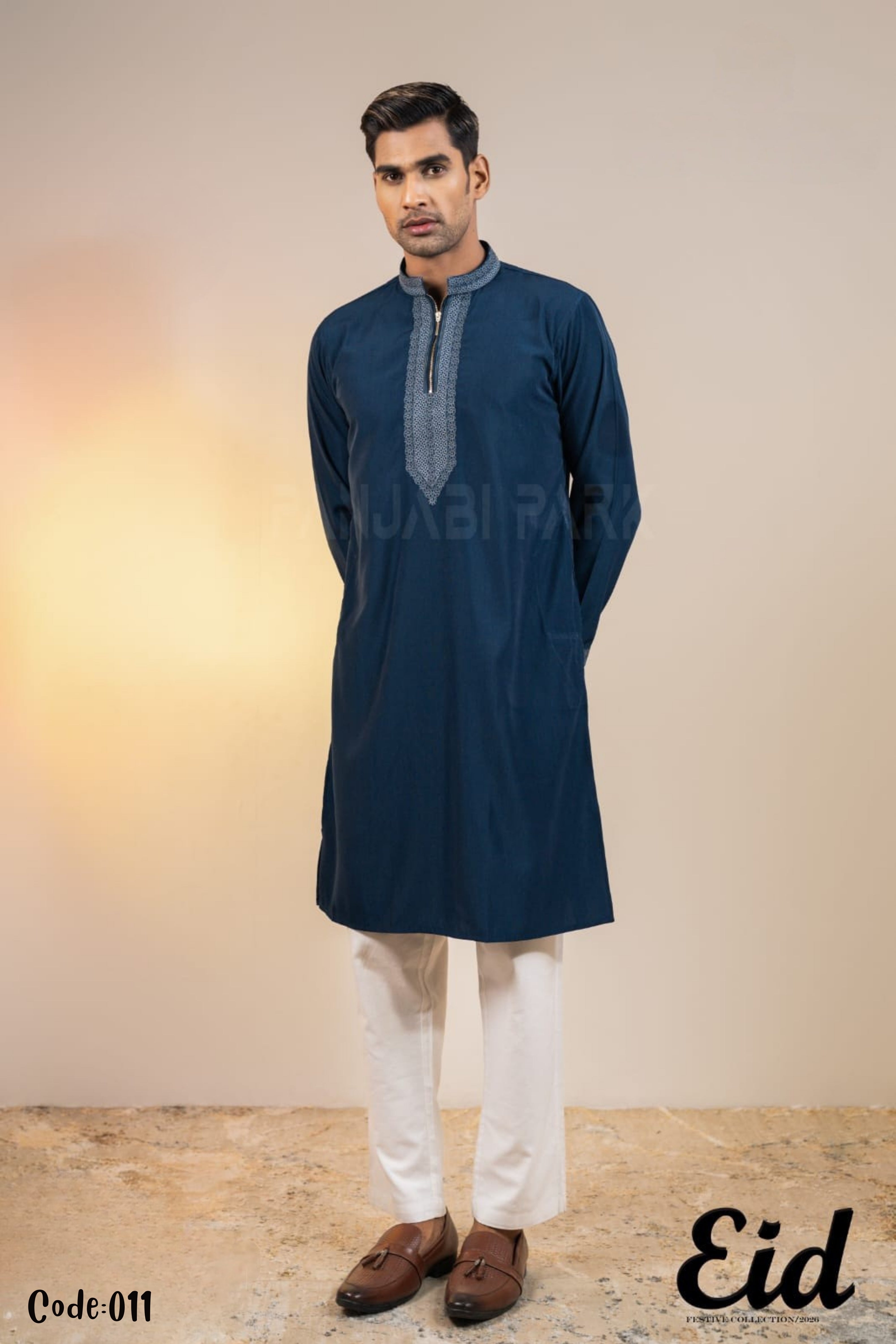 Deep Teal Contemporary Zip-Neck Panjabi – with premium BOX Main image