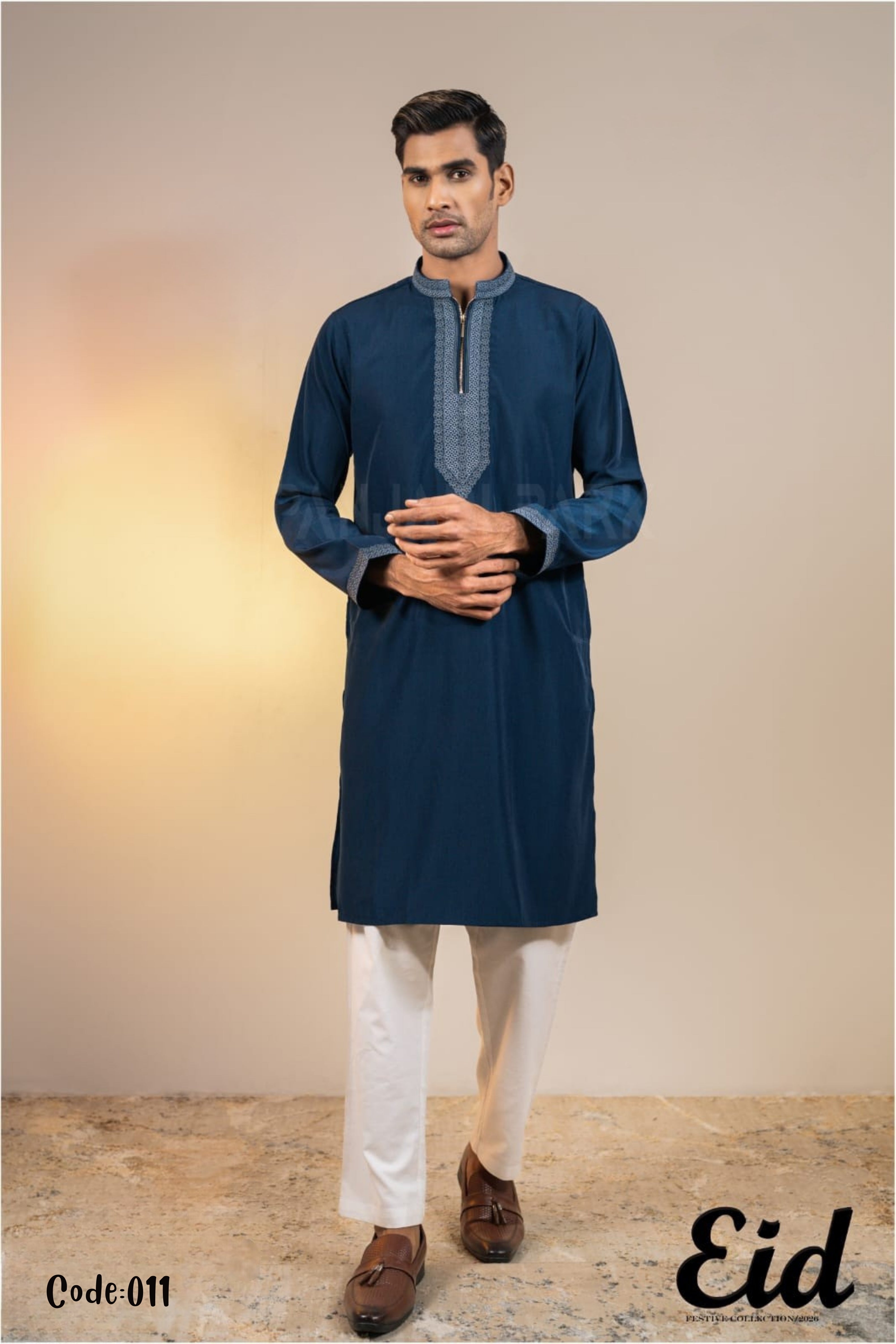 Deep Teal Contemporary Zip-Neck Panjabi – with premium BOX Secondary image