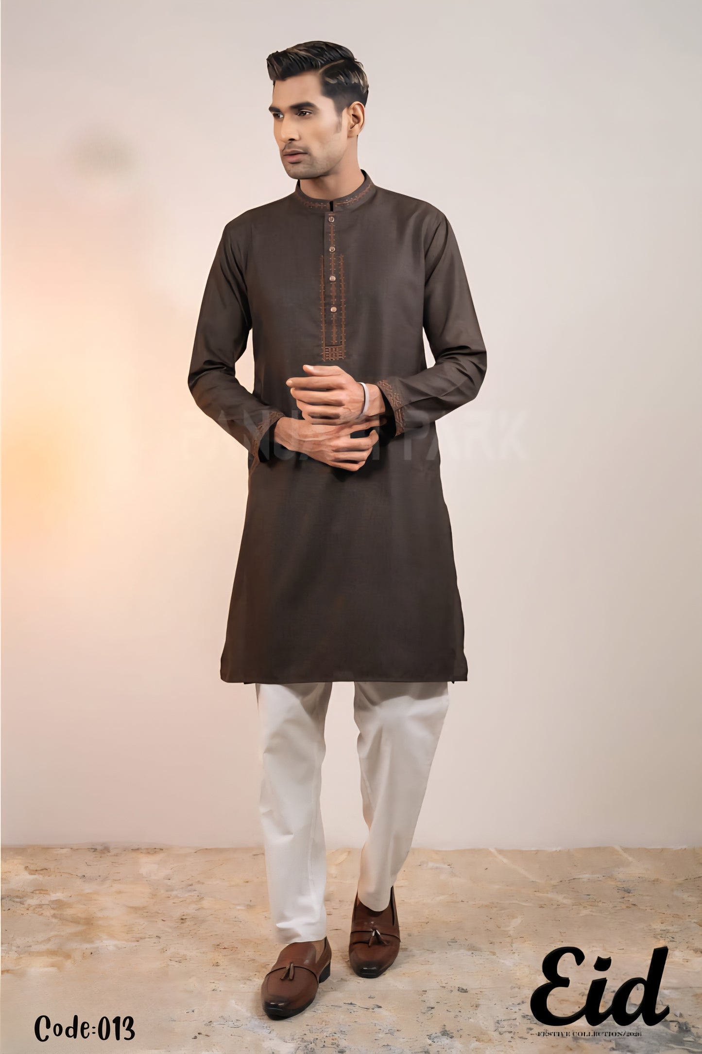 Earth Brown Premium Cotton Panjabi with Minimalist Embroidery – with premium BOX