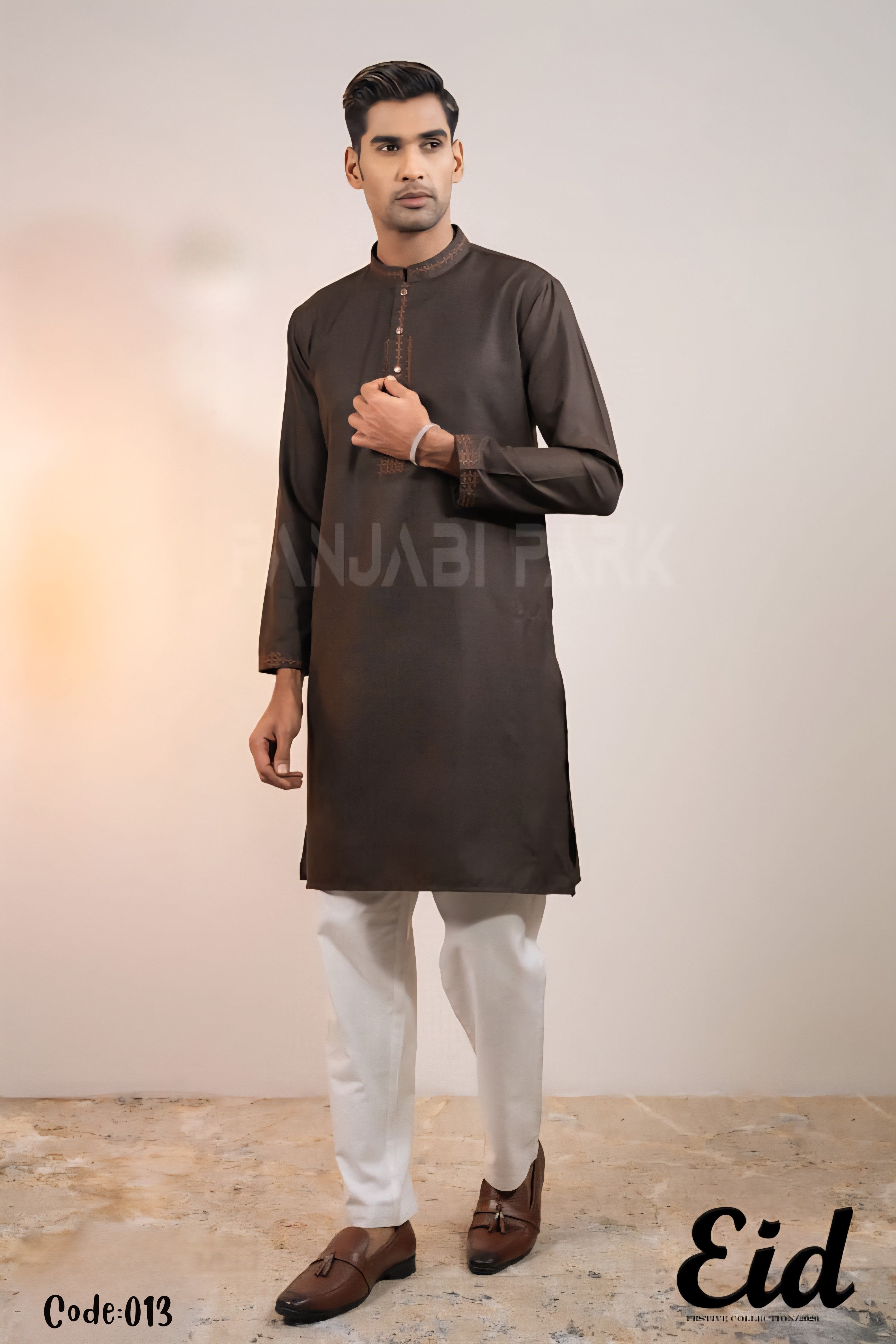Earth Brown Premium Cotton Panjabi with Minimalist Embroidery – with premium BOX Secondary image