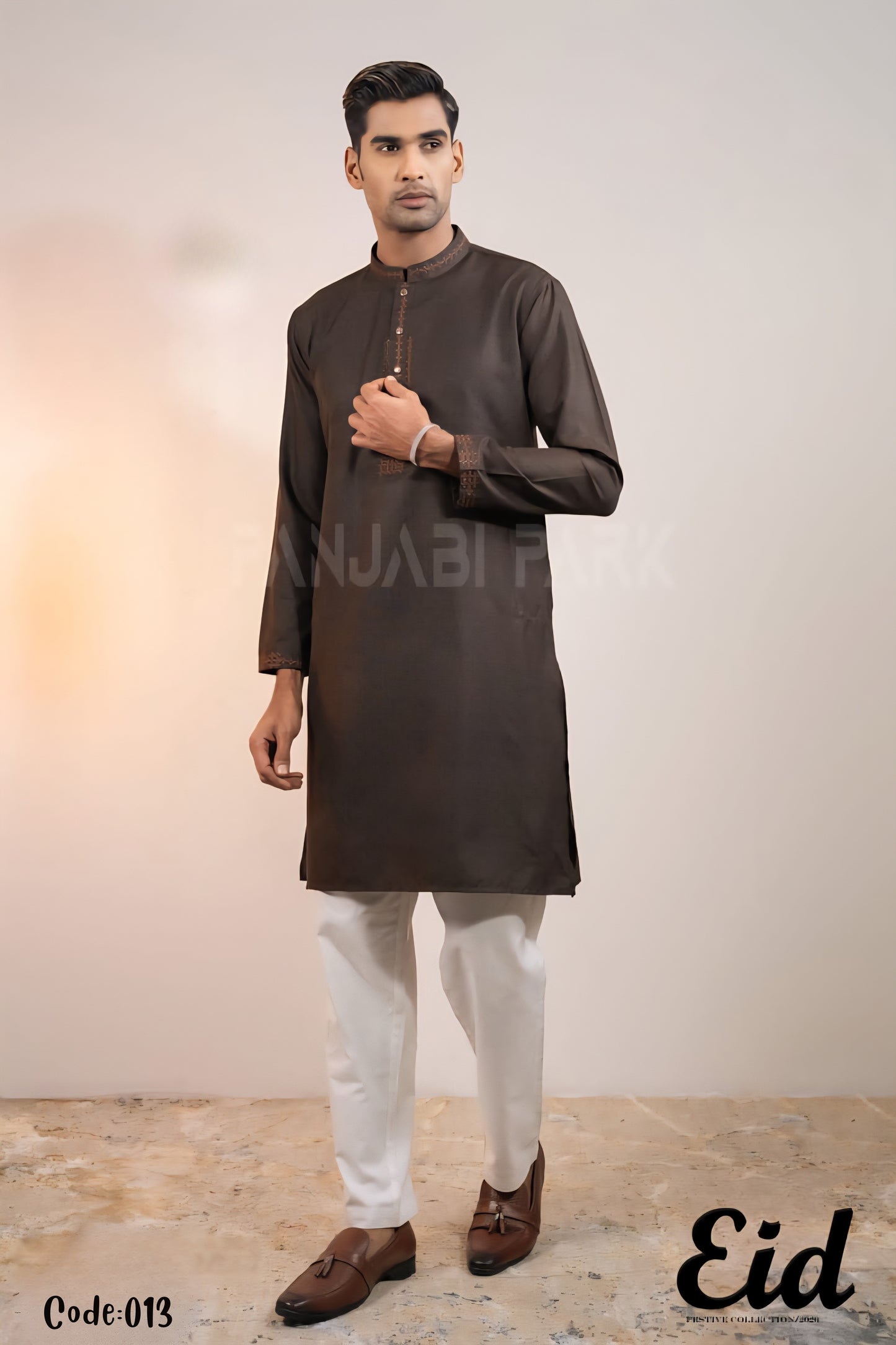 Earth Brown Premium Cotton Panjabi with Minimalist Embroidery – with premium BOX