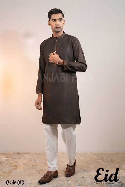 Earth Brown Premium Cotton Panjabi with Minimalist Embroidery – with premium BOX