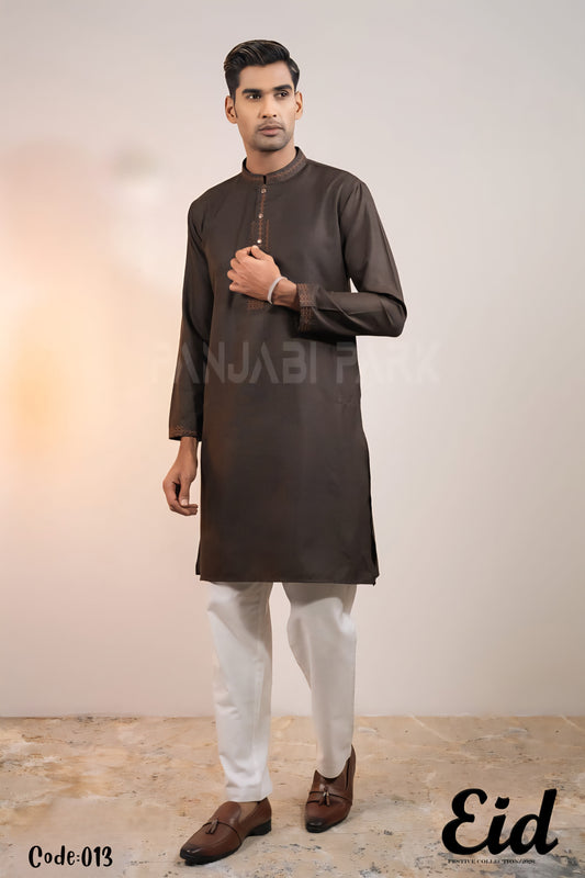 Earth Brown Premium Cotton Panjabi with Minimalist Embroidery – with premium BOX