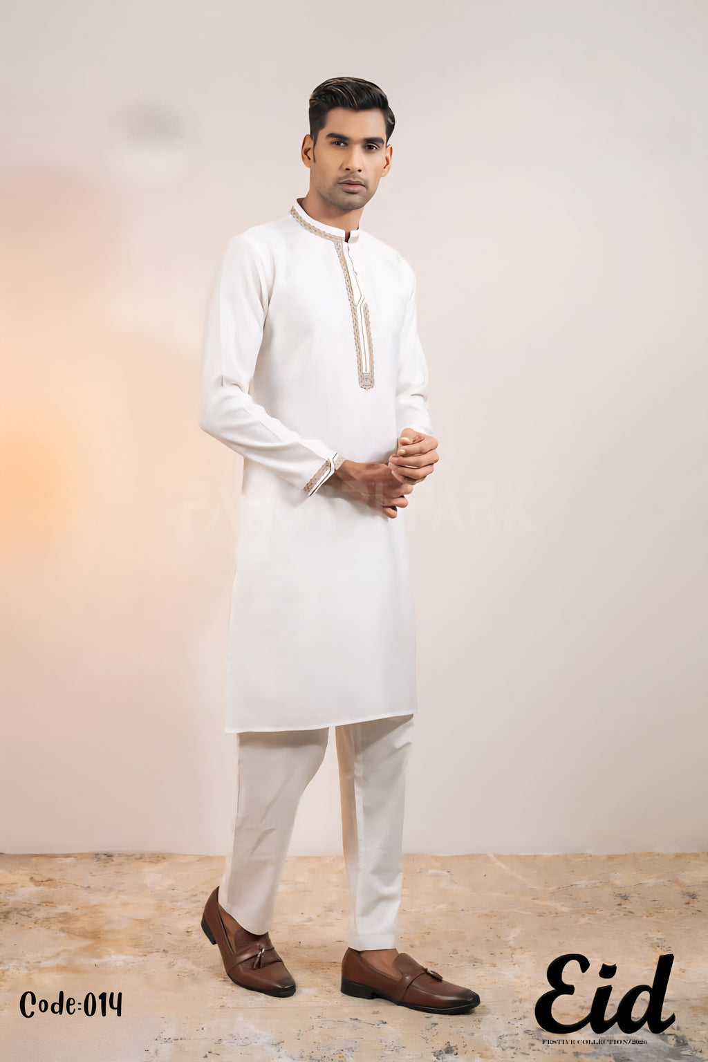 Pristine White Premium Cotton Panjabi with Golden-Oak Embroidery – with premium BOX